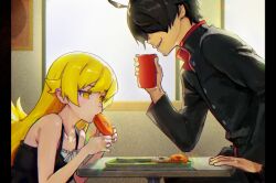  1boy 1girl absurdres ahoge araragi_koyomi backlighting bare_arms black_dress black_hair black_jacket black_pants blonde_hair bloom buttons collarbone cup day dispersion_(optics) donut_shop doughnut dress eating expressionless film_grain flat_chest flipped_hair food from_side gakuran hair_between_eyes hair_flaps hair_over_eyes hand_on_table hand_up hands_up height_difference high_collar highres holding holding_cup holding_donut holding_food indoors jacket leaning_forward light_blush long_hair long_sleeves monogatari_(series) oshino_shinobu pants parted_lips plate pointy_ears profile red_trim ringed_eyes sanketsu_(user_zxmp2323) school_uniform short_hair sidelocks sleeveless sleeveless_dress smile sundress table teeth two-handed upper_body upper_teeth_only very_long_hair window yellow_eyes 