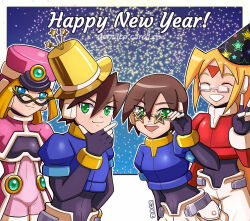  2boys 2girls aile_(mega_man_zx) black_hat blonde_hair blue_eyes blue_jacket brown_hair closed_eyes cowboy_shot cropped_jacket deniacp eye_mask fireworks girouette_(mega_man) glasses green_eyes group_picture happy_new_year hat high-waist_shorts high-waist_skirt highres jacket long_hair mask mega_man_(series) mega_man_zx multiple_boys multiple_girls pink_hat pink_jacket prairie_(mega_man) red_jacket robot_ears shako_cap short_hair shorts skirt v vent_(mega_man) yellow_hat 