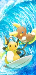  alolan_raichu blue_eyes brown_eyes commentary_request full_body kumedaira no_humans open_mouth outdoors outstretched_arms pokemon pokemon_(creature) raichu regional_and_normal spread_arms surfboard surfing water waves 