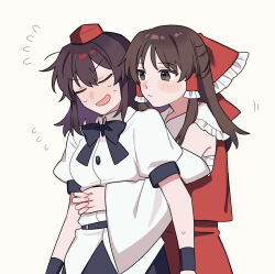  2girls armband black_bow black_bowtie black_skirt blush bow bowtie brown_eyes brown_hair closed_eyes closed_mouth collared_shirt commentary_request detached_sleeves expressionless flying_sweatdrops frilled_bow frilled_hair_tubes frills hair_bow hair_tubes hakurei_reimu hat highres hug hug_from_behind long_hair multiple_girls nervous_smile nervous_sweating open_mouth puffy_short_sleeves puffy_sleeves red_bow red_hat red_skirt red_vest sakic43899 sarashi shameimaru_aya shirt short_sleeves simple_background skirt skirt_set smile sweat tokin_hat touhou upper_body v-shaped_eyebrows vest white_background white_shirt white_sleeves wide_sleeves wing_collar yuri 