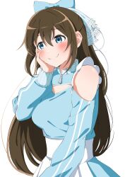  1girl above-cleavage_cutout absurdres apron bare_shoulders blue_bow blue_dress blush bow breasts closed_mouth clothing_cutout commentary cowboy_shot dress hair_between_eyes hair_bow hand_on_own_cheek hand_on_own_face highres jersey_maid long_hair long_sleeves looking_ahead love_live! love_live!_nijigasaki_high_school_idol_club maid medium_breasts official_alternate_costume osaka_shizuku pleated_apron shoulder_cutout smile solo split_mouth uchuu_no_mozuku unconventional_maid waist_apron white_apron 