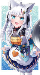  1girl absurdres ahoge animal_ear_fluff animal_ears apron aqua_eyes blush clothes_lift detached_sleeves dress dress_lift fox_ears fox_girl fox_tail frilled_apron frills hair_ornament highres hololive lifting_own_clothes long_hair long_sleeves looking_at_viewer open_mouth orange_nails pantyhose pentagram shirakami_fubuki smile solo tail tengmi upper_body waist_apron white_apron white_dress white_hair white_pantyhose wide_sleeves x_hair_ornament 
