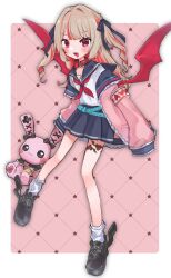  1girl aqua_belt armband belt belt_collar black_shoes blue_ribbon blue_sailor_collar blue_skirt blush border collar colored_inner_hair debitto_(makaino_ririmu) demon_wings drill_hair full_body furrowed_brow grey_hair hair_intakes hair_over_shoulder hair_ribbon hashtag-only_commentary heart highres holding holding_stuffed_toy jacket leg_tattoo long_hair looking_at_viewer loose_belt loose_socks makaino_ririmu makaino_ririmu_(4th_costume) miniskirt multicolored_hair natori_sana_(artist) neckerchief nijisanji off_shoulder open_clothes open_jacket open_mouth outside_border pink_background pink_hair pink_jacket pink_streaks platform_shoes pleated_skirt pointy_ears red_collar red_eyes red_neckerchief red_wings ribbon sailor_collar school_uniform serafuku shirt shoes sidelocks skirt sleeves_past_fingers sleeves_past_wrists smile socks solo standing streaked_hair stuffed_animal stuffed_rabbit stuffed_toy tattoo two-tone_hair two_side_up virtual_youtuber white_border white_shirt white_socks winged_heart winged_heart_tattoo winged_shoes wings 