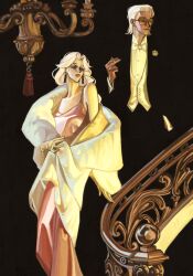  1boy 1girl black_coat bow bowtie chandelier cigarette coat curtained_hair dress earrings facing_viewer feet_out_of_frame formal_clothes hair_slicked_back hand_in_pocket hand_up highres holding holding_cigarette jewelry long_hair looking_to_the_side mullet orange-tinted_eyewear painterly parted_lips pink_dress queen_(to_be_hero_x) railing red_lips rose_pin sash shirt smile spaghetti_strap tassel tassel_earrings tinted_eyewear to_be_hero to_be_hero_x txntentxnten vest walking white_hair white_sash white_shirt white_vest x_(to_be_hero_x) 