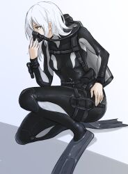  1girl ahead background belt black_bodysuit breasts clothes covered diving eyes flashlight flippers fuku_(fuku12290574) gear grey hair hose knee kneeling knife looking mask medium mouth navel on one oxygen_tank pouch scuba sheath shiny skin small solo strap suit thigh tight two-tone watch wetsuit white 