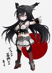  1girl black_gloves black_hair breasts chibi chibi_only commentary_request crossed_bangs fingerless_gloves garter_straps gloves hair_between_eyes hand_on_own_hip headgear highres ichimonme_(ichi) kantai_collection long_hair medium_breasts midriff miniskirt nagato_(kancolle) pleated_skirt red_eyes red_thighhighs rudder_footwear simple_background skirt solo standing thigh-highs white_skirt 
