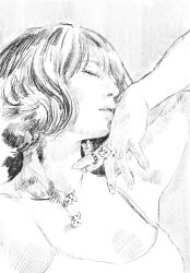  1girl animal-themed_ring arm_up camisole closed_eyes closed_mouth eyelashes facing_ahead faux_traditional_media fingernails from_side graphite_(medium) greyscale hand_on_own_face hatching_(texture) head_tilt highres irienisotte jewelry long_fingernails monochrome multiple_necklaces multiple_rings nose open_hand parted_lips pendant portrait real_life realistic ring shiina_ringo short_hair simple_background solo traditional_media wispy_bangs 
