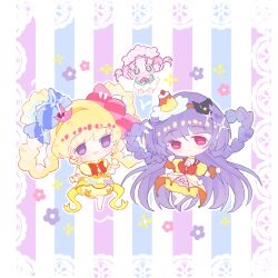  3girls absurdly_long_hair asahina_mirai back_bow bare_legs barefoot black_hat blonde_hair blunt_bangs border bow bow_skirt bowtie braid braided_hair_rings brown_wrist_cuffs bubble_skirt candy_hair_ornament chibi child chinese_commentary clenched_hands closed_mouth coattails collared_dress colorful_background commentary_request cure_magical cure_magical_(topaz_style) cure_miracle cure_miracle_(topaz_style) curious dress earrings fairy flower flower_dress flower_earrings food food-themed_hair_ornament frilled_gloves frilled_skirt frilled_sleeves frills gloves green_dress green_eyes ha-chan_(mahou_girls_precure!) hair_between_eyes hair_flower hair_ornament hair_rings hairband happy hat hat_ornament head_wreath heart heart_hat_ornament highres izayoi_liko jewelry lace lace_border leg_up light_blush long_dress long_hair magical_girl mahou_girls_precure! medium_hair mini_hat mini_witch_hat miniskirt multiple_girls open_mouth orange_bow orange_bowtie ornate_border outline pink_eyes pink_flower pink_hair pink_hat precure pudding puffy_short_sleeves puffy_sleeves purple_hair quqi_xiao_shuang red_bow red_bowtie short_dress short_hair short_sleeves short_twintails skirt skirt_under_dress smile sparkle star_(symbol) star_hat_ornament tareme twintails variant_set vertical-striped_background very_long_hair violet_eyes white_border white_gloves white_outline witch_hat wrist_cuffs yellow_bow yellow_dress yellow_hairband yellow_skirt 