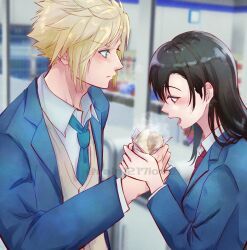  1boy 1girl absurdres black_hair blonde_hair blue_jacket blue_necktie blurry blurry_background blush cardigan cloud_strife collared_shirt commentary_request contemporary feeding final_fantasy final_fantasy_vii food food_bite from_side hair_behind_ear highres holding holding_food jacket long_hair long_sleeves looking_at_another necktie open_clothes open_jacket open_mouth profile rain1217love red_necktie school school_uniform shirt short_hair spiky_hair steamed_bun tifa_lockhart twitter_username upper_body white_shirt 