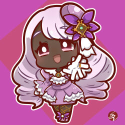  1girl absurdres bright_pupils chibi chibi_only commentary_request dark-skinned_female dark_skin dress eyelashes fascinator fishnet_pantyhose fishnets flat_color frilled_dress frilled_sleeves frills full_body haru_sa_ku_ra highres jacinthe_(pokemon) jewelry long_hair long_sleeves mega_stone open_mouth outline outstretched_arm pantyhose pokemon pokemon_legends:_z-a purple_dress purple_hair purple_shoes reaching reaching_towards_viewer ring shoes smile solo very_dark_skin violet_eyes white_outline white_pupils 
