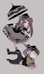  bad_id bad_pixiv_id cat chibimi dress frilled_dress frills grin hat highres holding holding_umbrella jikuno lolita_fashion matsuno_ichimatsu mini_hat mini_top_hat osomatsu-san osomatsu_(series) ouji_fashion ribbon smile sweatdrop top_hat twintails umbrella 