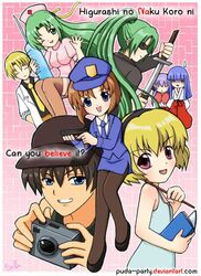  artist_request blonde_hair blue_eyes brown_hair furude_rika green_eyes green_hair gun higurashi_no_naku_koro_ni houjou_satoko japanese_clothes long_hair maebara_keiichi miko nurse pantyhose pink_eyes police police_uniform policewoman reporter ryuuguu_rena shoes short_hair siblings sonozaki_mion sonozaki_shion twins uniform 