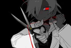  1girl annoyed black_background coat cutting greyscale hair_over_one_eye highres holding holding_scissors lab_coat long_sleeves mk1liaoqian monochrome original parted_lips red_eyes scissors shirt simple_background solo spot_color sweater sweater_vest symbolism upper_body white_hair 