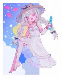  1girl bare_shoulders barefoot belt_collar black_bow black_ribbon blunt_bangs blush bow bracelet braid collar collarbone commentary dress drink fangs from_side full_body grey_hair hair_ribbon hat hat_bow highres holding holding_drink invisible_chair jewelry lace_trim long_hair looking_at_viewer low_twin_braids makaino_ririmu makaino_ririmu_(3rd_costume) multicolored_hair nijisanji ongrv_77 open_mouth pointy_ears ramune red_collar red_eyes red_streaks ribbon sidelocks sitting sleeveless sleeveless_dress smile solo strap_slip straw_hat streaked_hair sundress symbol-only_commentary twin_braids two-tone_hair virtual_youtuber white_dress 