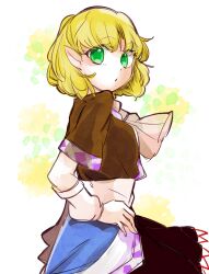  1girl :o black_skirt blonde_hair breasts brown_shirt commentary_request cowboy_shot green_eyes grey_scarf hand_on_own_hip looking_at_viewer looking_to_the_side medium_breasts mizuhashi_parsee open_mouth pointy_ears sash scarf shirt short_hair short_sleeves skirt solo tama_(hiroshige_36) touhou white_sash 