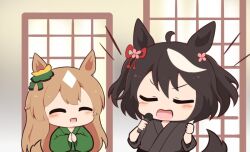  2girls :d ^_^ ahoge animal_ears black_hair black_kimono blush brown_hair chibi chibi_only closed_eyes commentary_request gomashio_(goma_feet) green_shirt holding holding_microphone horse_ears horse_girl horse_tail japanese_clothes kimono kitasan_black_(umamusume) long_hair long_sleeves microphone multicolored_hair multiple_girls music open_mouth satono_diamond_(umamusume) shirt short_hair short_sleeves singing smile tail two-tone_hair umamusume upper_body v-shaped_eyebrows white_hair 