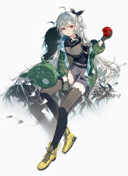  1girl absurdres ahoge ankle_boots apple aqua_jacket arknights belt bitten_apple black_belt black_gloves black_shirt black_shorts black_thighhighs boots breasts chinese_commentary commentary_request food food_bite fruit full_body gloves green_jacket hair_between_eyes highres holding holding_food holding_fruit jacket kuruma1892 large_breasts long_hair multicolored_jacket official_alternate_costume open_clothes open_jacket parted_lips red_eyes shirt short_shorts short_sleeves shorts simple_background skadi_(arknights) skadi_(the_next_afternoon_tea)_(arknights) solo stuffed_animal stuffed_shark stuffed_toy thigh-highs two-tone_jacket white_background white_hair yellow_boots 