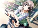  bicycle braid brown_eyes brown_hair game_cg kurashima_tomoyasu mountain_bicycle nanami_mina outdoors road smile 
