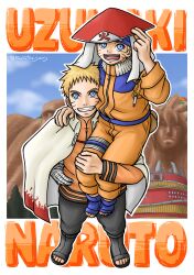 2boys bandaged_arm bandages blonde_hair blue_eyes blue_headband boruto:_naruto_next_generations building cape carrying carrying_person character_name collared_cape commentary_request forehead_protector grin hand_on_own_hip hat headband highres hokage jacket karutonsan male_focus multiple_boys naruto_(classic) naruto_(series) open-toe_boots open-toe_shoes open_mouth orange_jacket orange_pants pants signature sitting_on_shoulder smile uzumaki_naruto white_cape 