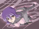  breasts fingerless_gloves ghost_in_the_shell ghost_in_the_shell_stand_alone_complex gloves gun jacket kusanagi_motoko large_breasts leotard pink_eyes purple_hair shimano_natsume short_hair smile solo weapon 