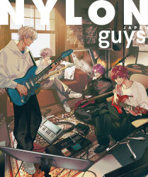  4boys ^_^ absurdres alternate_costume amplifier apartment audio_cable bass_guitar black_jacket black_nails black_pants black_shoes blue_eyes cable chain chain_necklace chair closed_eyes couch cover crossed_legs earrings effects_pedal electric_guitar en_(enxxx) fang figure_four_sitting full_body fuwa_minato green_eyes grey_pants grin guitar guitar_case hair_between_eyes hair_intakes highres holding holding_guitar holding_instrument holding_microphone holding_plectrum hood hoodie ibrahim_(nijisanji) indian_style indoors instrument instrument_case jacket jewelry keyboard_(instrument) lauren_iroas light_particles living_room loafers looking_to_the_side magazine_cover male_focus medium_hair microphone microphone_stand multicolored_eyes multicolored_hair multiple_boys music music_stand necklace nijisanji official_art on_couch on_floor open_mouth pants pedal_board phonograph picture_frame pink_hair pink_streaks playing_bass_guitar playing_guitar playing_instrument plectrum popped_collar poster_(object) purple_hair record_jacket red_hair rug second-party_source shirt shoes short_hair side_part side_ponytail sitting skin_fang smile sneakers speaker standing sweatpants swivel_chair t-shirt tan two-tone_eyes two-tone_hair virtual_youtuber watarai_hibari white_hair white_hoodie white_jacket white_shirt white_shoes window yellow_eyes 