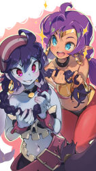  2girls alternate_hairstyle bandana bare_shoulders belt belt_skirt black_choker blue_eyes blue_skin braid choker circlet collarbone colored_skin dark-skinned_female dark_skin earrings gold_bracer gold_circlet gold_earrings grabbing_another&#039;s_hair grabbing_another&#039;s_twintails grabbing_own_hair highres holding holding_another&#039;s_hair holding_own_hair hoop_earrings jewelry life_is_pi long_hair multiple_girls navel official_alternate_hairstyle open_mouth pants pendant_choker pointy_ears purple_hair red_bandana red_eyes red_pants risky_boots shantae shantae_(series) skull_ornament smile sparkle teeth twin_braids twintails very_long_hair wrist_cuffs 