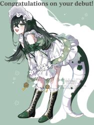  1girl apron bare_shoulders bent_over black_corset blush bonnet boots colored_inner_hair corset crossed_bangs detached_sleeves drop_shadow floral_background floral_print floral_print_kimono flower-shaped_pupils flower_hairpin frilled_bonnet frilled_skirt frilled_socks frills from_side full_body green_background green_boots green_eyes green_hair green_kimono green_ribbon green_tail h_i_n_a_t_0714 hair_ornament hair_ribbon hairclip hands_on_own_knees highres japanese_clothes kimono kimono_skirt knee_boots kneehighs lace-up_boots lizard_tail long_hair long_sleeves looking_at_viewer maid_apron multicolored_hair nijisanji obiage obijime open_mouth print_kimono ribbon skirt sleeves_past_wrists smile socks solo standing symbol-shaped_pupils tail tail_under_clothes tassel togawa_nonoha virtual_youtuber waist_apron watermark white_bonnet white_ribbon white_sleeves 