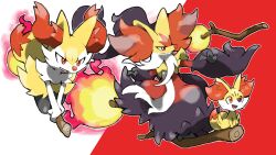  animal_ear_fluff blacknirrow braixen closed_mouth clouds commentary delphox evolutionary_line fangs fennekin fire highres mega_delphox mega_pokemon open_mouth orange_eyes outline pokemon pokemon_(creature) pokemon_focus riding simple_background smile stick two-tone_background white_outline 
