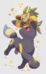  absurdres animal_focus black_fur blue_eyes buck_teeth chespin closed_mouth colored_sclera full_body highres no_humans nullma on_head open_mouth petals pokemon pokemon_(creature) pokemon_focus pokemon_on_head red_eyes red_sclera smile tail teeth umbreon upper_teeth_only 