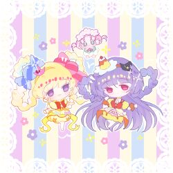  3girls absurdly_long_hair asahina_mirai back_bow bare_legs barefoot black_hat blonde_hair blunt_bangs border bow bow_skirt bowtie braid braided_hair_rings brown_wrist_cuffs bubble_skirt candy_hair_ornament chibi child chinese_commentary clenched_hands closed_mouth coattails collared_dress colorful_background commentary_request cure_magical cure_magical_(topaz_style) cure_miracle cure_miracle_(topaz_style) curious dress earrings fairy flower flower_dress flower_earrings food food-themed_hair_ornament frilled_gloves frilled_skirt frilled_sleeves frills gloves green_dress green_eyes ha-chan_(mahou_girls_precure!) hair_between_eyes hair_flower hair_ornament hair_rings hairband happy hat hat_ornament head_wreath heart heart_hat_ornament highres izayoi_liko jewelry lace lace_border leg_up light_blush long_dress long_hair magical_girl mahou_girls_precure! medium_hair mini_hat mini_witch_hat miniskirt multiple_girls open_mouth orange_bow orange_bowtie ornate_border outline pink_eyes pink_flower pink_hair pink_hat precure pudding puffy_short_sleeves puffy_sleeves purple_hair quqi_xiao_shuang red_bow red_bowtie short_dress short_hair short_sleeves short_twintails skirt skirt_under_dress smile sparkle star_(symbol) star_hat_ornament tareme twintails variant_set vertical-striped_background very_long_hair violet_eyes white_border white_gloves white_outline witch_hat wrist_cuffs yellow_bow yellow_dress yellow_hairband yellow_skirt 