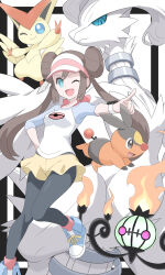  1girl ;d absurdres alternate_color black_pantyhose blue_eyes brown_hair chandelure double_bun hair_bun hand_on_own_hip highres ka2ya_aaa long_hair looking_at_viewer one_eye_closed open_mouth pantyhose pokemon pokemon_bw2 reshiram rosa_(pokemon) shiny_pokemon shirt shoes shorts smile tepig twintails victini visor_cap yellow_shorts 