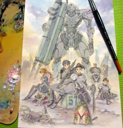  2boys 3girls agahari animal araigi_yumi armor art_brush art_tools_in_frame bandaid bandaid_on_face belt_pouch black_bodysuit black_boots black_hair blonde_hair blonde_streaks bodysuit boots broken brown_cat brown_hair buuta_(gunparade_march) cable cape cat closed_mouth clothed_animal commentary_request crossed_arms gauntlets gun gunparade_march hayami_atsushi holding holding_gun holding_sword holding_weapon long_hair looking_at_viewer mecha mecha_request multicolored_hair multiple_boys multiple_girls outdoors paintbrush painting_(medium) parted_lips photo_(medium) planted planted_sword ponytail pouch red_cape robot ruins science_fiction shibamura_mai short_hair shoulder_armor sitting smile standing streaked_hair sword tashiro_kaori thigh_strap traditional_media wakamiya_yasumitsu weapon 