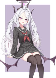  1girl absurdres ahoge black_halo blue_archive blush breasts demon_girl demon_horns demon_wings halo highres hina_(blue_archive) horns long_hair looking_at_viewer low_wings school_uniform simple_background sitting small_breasts sob_(submar1089) solo very_long_hair violet_eyes white_hair wings 