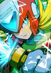  1boy armor blue_eyes chest_jewel commentary english_commentary fang forehead_jewel glowing glowing_eyes green_background guutara helmet highres male_focus mega_man_(series) mega_man_x_(series) parted_lips red_armor red_helmet smirk solo upper_body watermark zero_(mega_man) 
