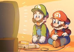  2boys blue_eyes blue_overalls brothers closed_mouth commentary controller facial_hair famicom flying_sweatdrops game_console game_controller gloves green_hat hanaon hat highres holding holding_controller holding_game_controller luigi male_focus mario multiple_boys mustache open_mouth overalls playing_games red_hat siblings simple_background sitting super_mario_bros. sweat symbol-only_commentary white_gloves 