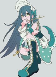  1girl apron bare_shoulders black_corset blush_stickers bonnet boots closed_mouth collar corset crossed_bangs detached_sleeves drumsticks floral_print floral_print_kimono flower-shaped_pupils frilled_bonnet frilled_collar frilled_skirt frilled_socks frills from_below full_body green_background green_boots green_eyes green_hair green_kimono green_ribbon green_tail hair_ribbon highres holding holding_drumsticks japanese_clothes kimono kimono_skirt knee_boots knee_up kneehighs lace-up_boots lizard_tail long_hair long_sleeves maid_apron neck_ribbon nijisanji obijime print_kimono ribbon simple_background skirt smile socks solo squatting symbol-shaped_pupils tail tail_raised tail_under_clothes tassel togawa_nonoha umbfkfk virtual_youtuber waist_apron white_bonnet white_ribbon white_sleeves 