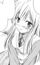  1girl blush collared_shirt cowboy_shot diagonal-striped_clothes diagonal-striped_necktie from_above hair_between_eyes komiya_yuuta long_hair long_sleeves looking_at_viewer looking_up miniskirt necktie non-web_source open_mouth original plaid_clothes plaid_skirt pleated_skirt sawatari_ranna school_uniform shirt sitting skirt smile socks solo speech_bubble straight_hair striped_clothes sweat v_arms vest 