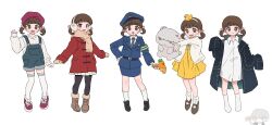  1boy 1girl absurdres alternate_costume black_jacket blue_overalls boots brown_boots brown_eyes brown_hair brown_scarf child closed_mouth coat commentary crying doujima_nanako earmuffs full_body grey_hair hairband hat highres holding holding_sign holding_stuffed_toy jacket looking_at_viewer multiple_views narukami_yu open_clothes open_jacket open_mouth overalls oversized_clothes oversized_jacket oversized_shirt persona persona_4 pink_hat pink_shoes police police_hat police_uniform policewoman red_coat scarf school_uniform shirt shiryoku_kensa shoes short_hair short_twintails sign simple_background sleeves_past_fingers sleeves_past_wrists smile socks standing stuffed_toy symbol-only_commentary thigh-highs twintails white_background white_shirt white_socks yasogami_school_uniform 