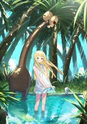  1girl absurdres alolan_exeggutor alolan_vulpix blonde_hair blunt_bangs blunt_ends blush braid closed_mouth commentary_request day dot_nose dress eredhen fangs floating_hair forest green_eyes highres light_rays lillie_(pokemon) long_hair looking_at_viewer low_twin_braids nature open_mouth outdoors palm_tree pokemon pokemon_(creature) pokemon_sm skirt_hold sleeveless sleeveless_dress smile solo sunbeam sundress sunlight tree twin_braids wading water white_dress 