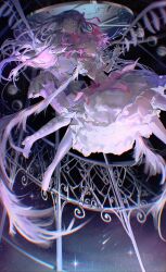  absurdres akemi_homura argyle_clothes argyle_footwear black_boots boots bow bow_choker bubble_skirt buttons capelet center_frills chest_jewel chinese_commentary choker clock closed_mouth commentary_request covering_another&#039;s_eyes determined dress dress_bow feathered_wings feet_out_of_frame floating floating_clothes floating_hair frilled_sleeves frilled_socks frills full_body gem gloves grey_capelet grey_skirt hair_bow hair_ribbon high_heel_boots high_heels highres kaname_madoka kneehighs layered_sleeves long_hair long_sleeves magical_girl mahou_shoujo_madoka_magica mahou_shoujo_madoka_magica:_hangyaku_no_monogatari miniskirt outstretched_hand parted_lips petticoat pink_bow pink_choker pink_dress pink_eyes pink_gemstone pink_hair pleated_skirt puffy_short_sleeves puffy_sleeves purple_hair purple_wings qishitian_de_yuji railing red_bow red_ribbon ribbon shooting_star short_dress short_hair short_sleeves short_twintails skirt skirt_under_dress socks space spread_wings square_neckline star_(sky) thigh_boots twintails very_long_hair white_dress white_gloves white_skirt white_sleeves white_socks wings 