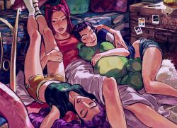  3girls against_bed against_furniture braid braided_ponytail closed_eyes crop_top cuddling dutch_braided_ponytail earrings eyeshadow head_on_chest highres hug huntrix jewelry kpop_demon_hunters long_braid long_hair lying lying_on_person makeup mira_(kpop_demon_hunters) multiple_girls nightstand on_back pink_hair polyamory purple_hair rumi_(kpop_demon_hunters) short_bangs short_hair shorts stuffed_animal stuffed_toy wickesdt yuri zoey_(kpop_demon_hunters) 