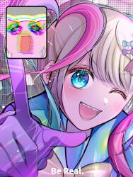  1girl 1other ;d blonde_hair blue_eyes blue_hair blue_sailor_collar blunt_bangs bow caption chest_bow chouzetsusaikawa_tenshi-chan chromatic_aberration colored_tips english_text gloves hair_bow hand_up head_tilt heavy_chromatic_aberration highres lens_flare looking_at_viewer multicolored_hair multiple_hair_bows needy_girl_overdose one_eye_closed pien_cat_(needy_girl_overdose) pink_hair purple_gloves quad_tails sailor_collar smile solo_focus sparkling_eyes tamiya_(1_2eedy_cat) upper_body 