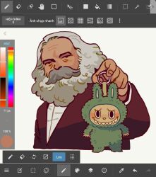  1boy animal_ears art_program_in_frame beard character_charm charm_(object) coat commentary cotimne english_commentary facial_hair hair_slicked_back highres holding holding_charm labubu looking_at_viewer mustache original rabbit_ears red_coat santa_claus screenshot shirt smile upper_body white_hair white_shirt 