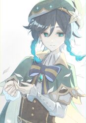  1boy beret blue_hair braid cape flower genshin_impact gradient_hair green_eyes green_hat hair_ornament hat highres long_sleeves multicolored_hair nowa_mi112 shirt short_hair_with_long_locks smile solo twin_braids venti_(genshin_impact) white_background white_flower 