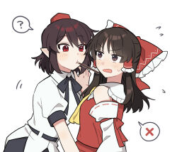  2girls ? ascot black_bow black_bowtie black_skirt blush bow bowtie brown_eyes brown_hair collared_shirt commentary_request detached_sleeves eye_contact flying_sweatdrops food food_in_mouth frilled_bow frilled_hair_tubes frills hair_bow hair_tubes hakurei_reimu hat long_hair looking_at_another multiple_girls no_wings open_mouth pocky pocky_day pocky_in_mouth pointy_ears puffy_short_sleeves puffy_sleeves red_bow red_eyes red_hat red_skirt ribbon-trimmed_sleeves ribbon_trim sakic43899 shameimaru_aya shirt short_sleeves skirt skirt_set speech_bubble spoken_question_mark spoken_x tokin_hat touhou white_shirt white_sleeves yellow_ascot yuri 