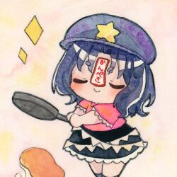  1girl black_skirt blush closed_eyes closed_mouth commentary_request expressive_clothes failure food frilled_skirt frilled_sleeves frills frying_pan full_body hat hat_ornament holding holding_frying_pan jiangshi miyako_yoshika newsboy_cap ofuda painting_(medium) pancake pppppks purple_hair purple_hat red_shirt shirt short_hair skirt smile solo standing star_(symbol) star_hat_ornament touhou traditional_media translation_request watercolor_(medium) 