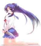  barefoot blue_hair knife kurohara_yuu long_hair school_uniform skirt smile suzumiya_haruhi_no_yuuutsu 