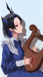  1girl absurdres asymmetrical_horns black_hair black_horns blue_dress blue_hair blue_ribbon colored_inner_hair dress earrings highres holding holding_instrument holding_lyre hololive hololive_english horns instrument jewelry lyre medium_hair multicolored_hair nerissa_ravencroft ribbon shadow solo thekaiyip violet_eyes virtual_youtuber 