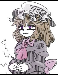  1girl ascot blonde_hair bow dress hair_between_eyes hat long_sleeves maribel_hearn medium_hair mob_cap puffy_long_sleeves puffy_sleeves purple_dress sash simple_background solo stomach_growling suenari_(peace) touhou unhappy violet_eyes white_background white_hat 