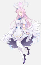  1girl angel_wings aqua_hair arms_behind_back blue_archive blue_bow blush bow breasts capelet commentary_request dress feathered_wings gradient_hair hair_bun halo high_heels highres inoue_takuya_(tactactak) long_hair looking_at_viewer low_wings mika_(blue_archive) multicolored_hair open_mouth pantyhose pink_halo pumps scrunchie single_hair_bun single_side_bun smile solo very_long_hair white_capelet white_dress white_overskirt white_pantyhose white_wings wings wrist_scrunchie 